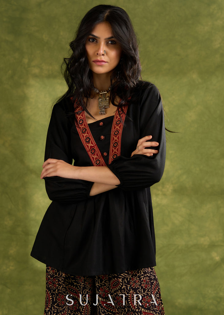 Black Rayon Top With Ajrakh Detailing On The V-Neckline, Button Accents, And Long Sleeves - Pant Optional