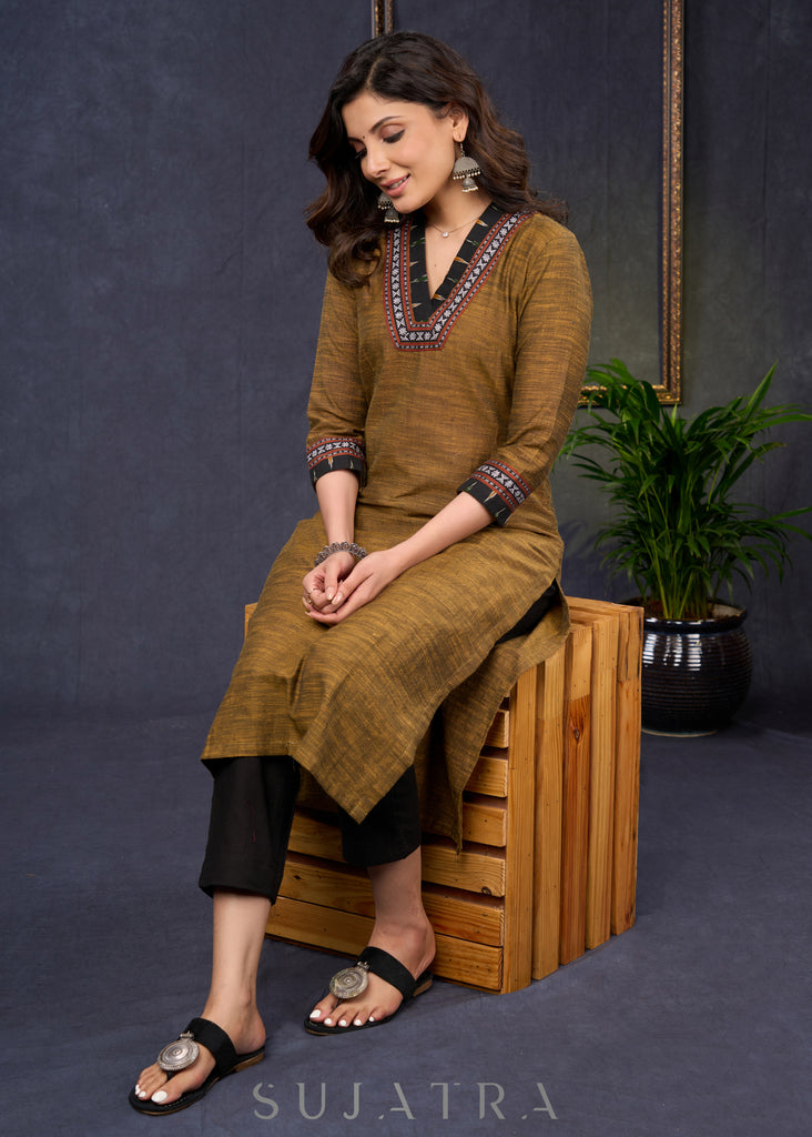 Exclusive-Dark-Mustard-Cotton-Straight-Cut-Kurta-Highlighted-With-Beautiful-Ikat--Pant-Optional