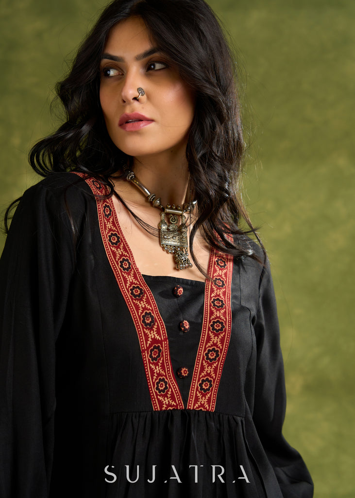 Black Rayon Top With Ajrakh Detailing On The V-Neckline, Button Accents, And Long Sleeves - Pant Optional