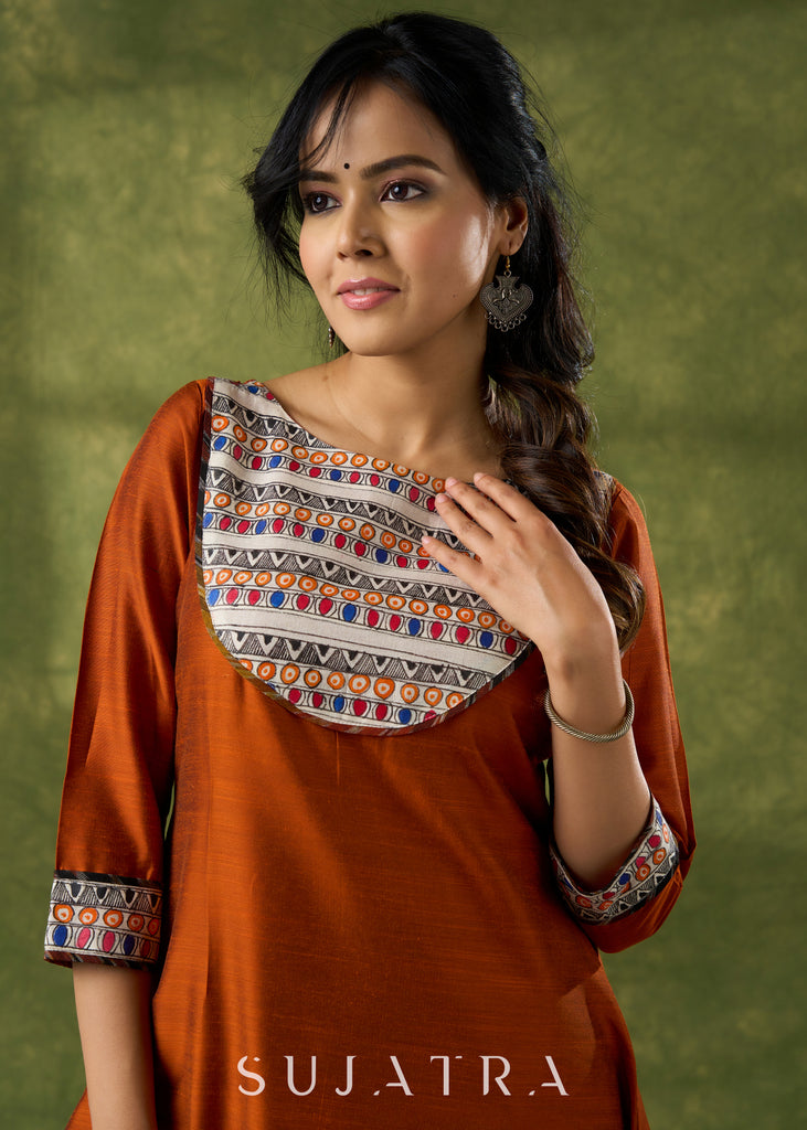 Exclusive Rust Kurta With Hand Painted Madhubani Yoke  - Pant Optional