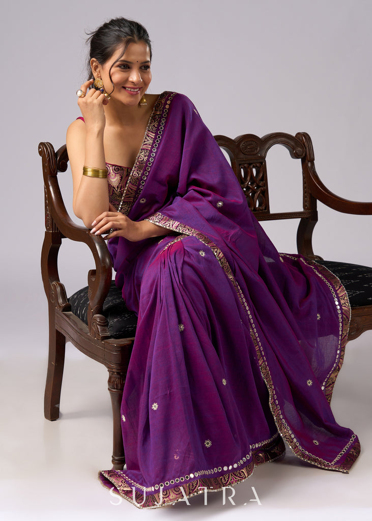 Stunning violet cotton two tone saree with hand embroidery and Benarasi border