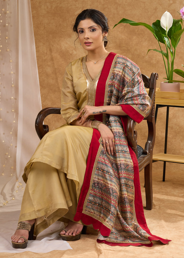 Subtle golden tissue A line kurta with tissue pant Dupatta optional