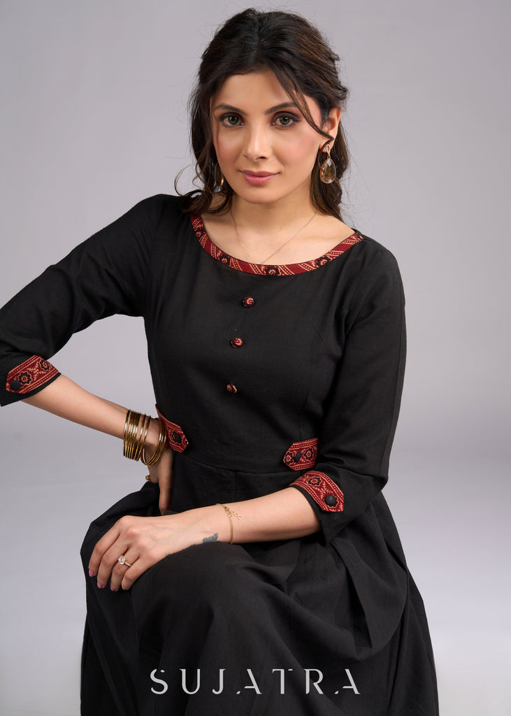 Timeless Black Cotton Dress with Maroon Ajrakh Accents