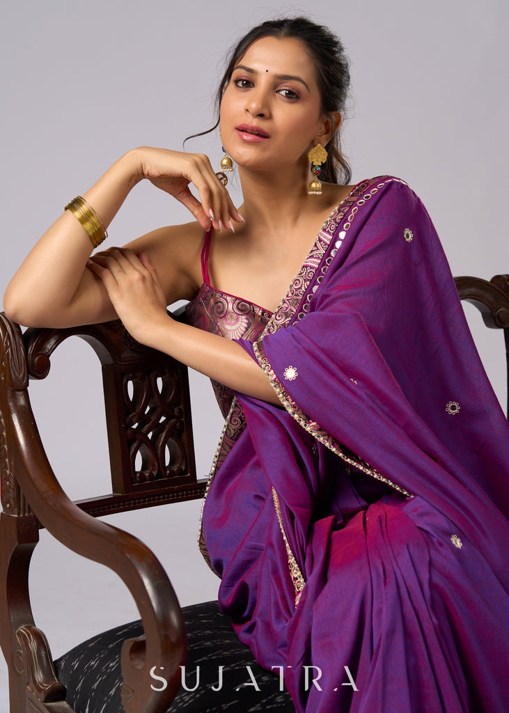 Stunning violet cotton two tone saree with hand embroidery and Benarasi border