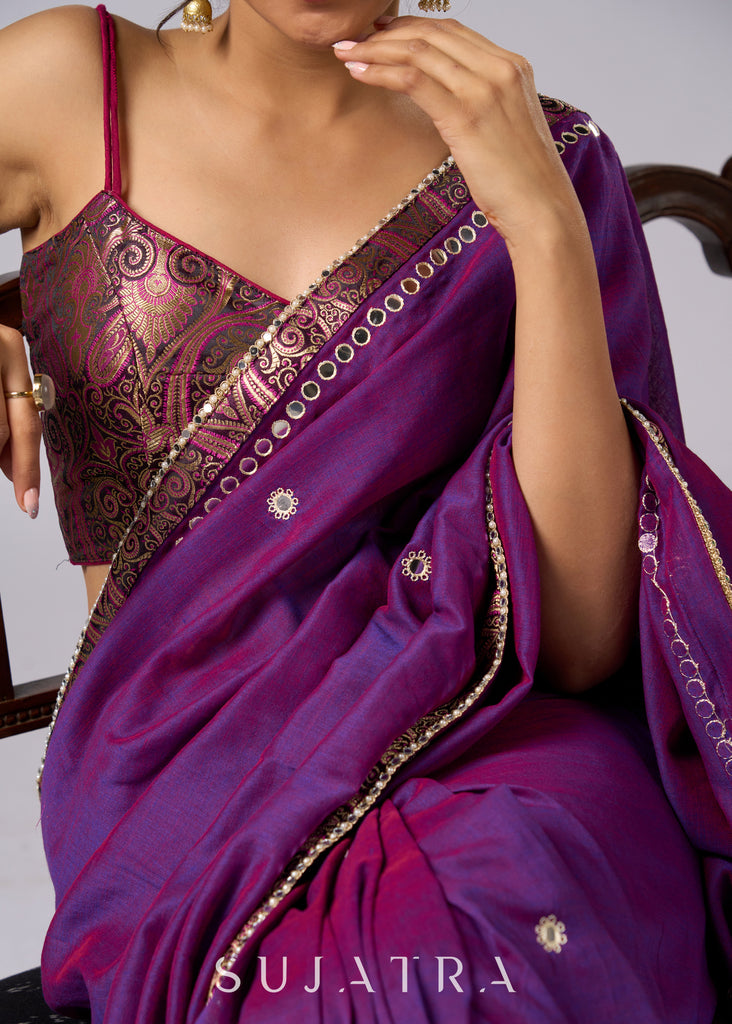 Stunning violet cotton two tone saree with hand embroidery and Benarasi border