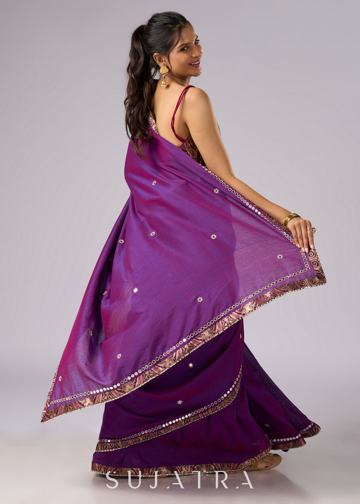 Stunning violet cotton two tone saree with hand embroidery and Benarasi border