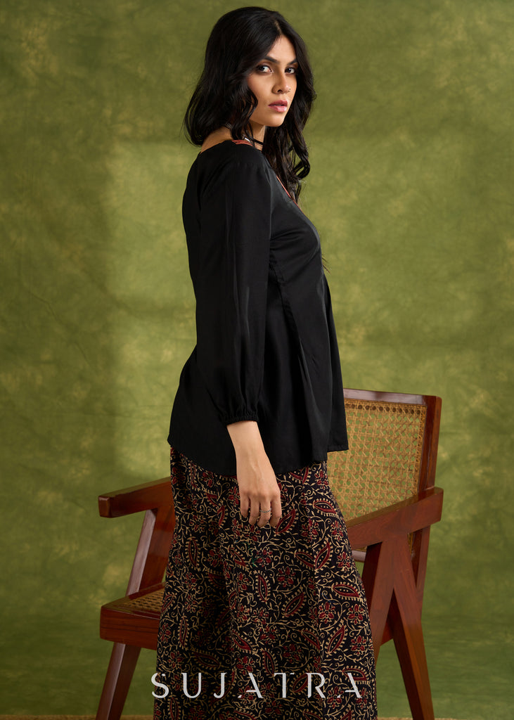 Black Rayon Top With Ajrakh Detailing On The V-Neckline, Button Accents, And Long Sleeves - Pant Optional