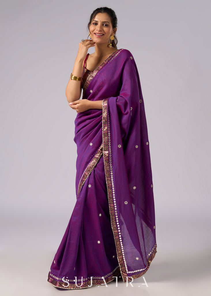 Stunning violet cotton two tone saree with hand embroidery and Benarasi border