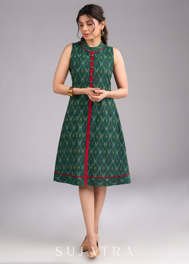 Ikat Emerald Green Cotton Sleeveless Dress