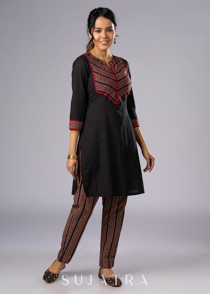 Elegant Black Cotton Ajrakh Combination Tunic Pant Additional