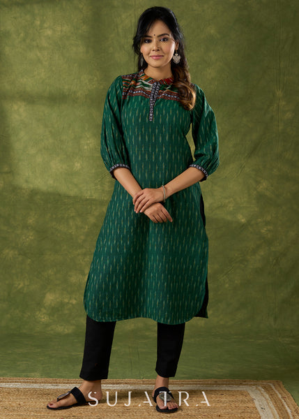 Smart Green Cotton Ikat Combination Kurta - Pant Optional