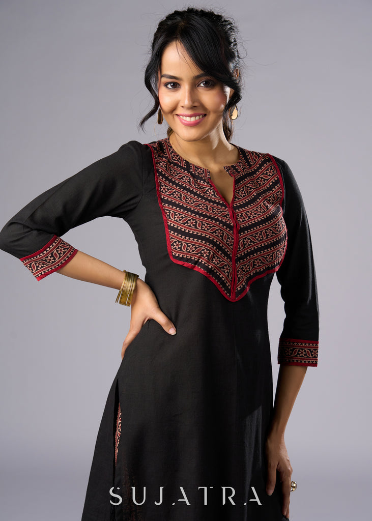 Elegant Black Cotton Ajrakh Combination Tunic Pant Additional