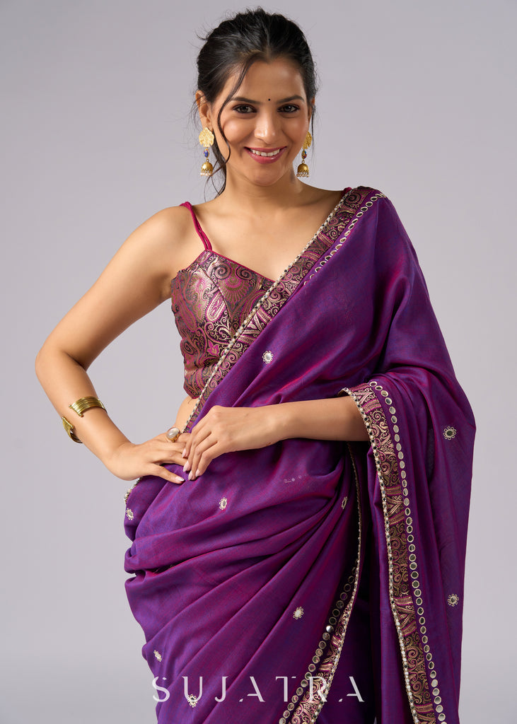 Stunning violet cotton two tone saree with hand embroidery and Benarasi border