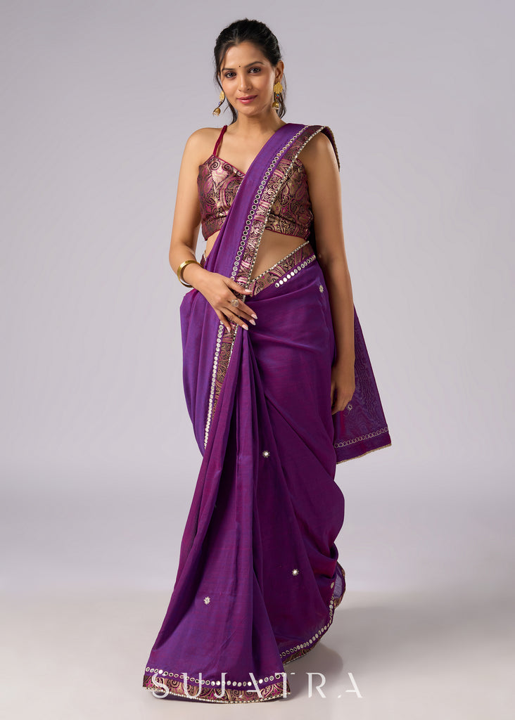 Stunning violet cotton two tone saree with hand embroidery and Benarasi border