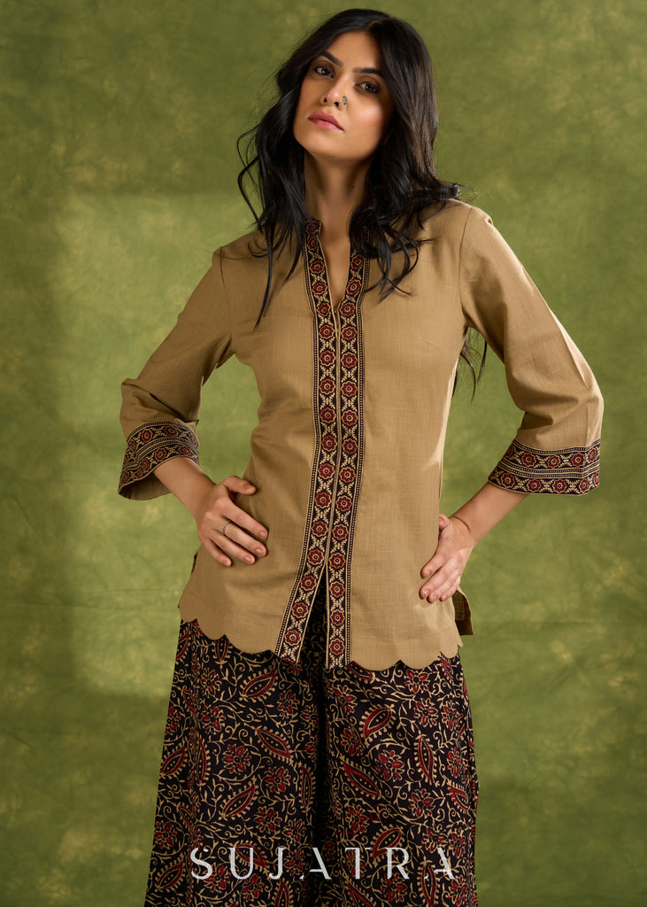 Dark Beige Cotton Ajrakh Combination Top - Pant Optional