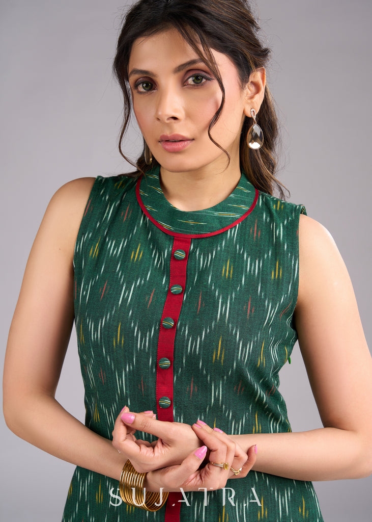 Ikat Emerald Green Cotton Sleeveless Dress