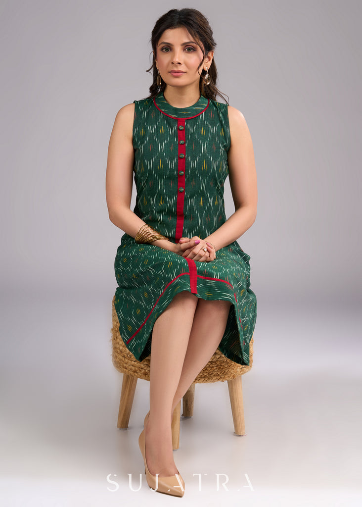 Ikat Emerald Green Cotton Sleeveless Dress