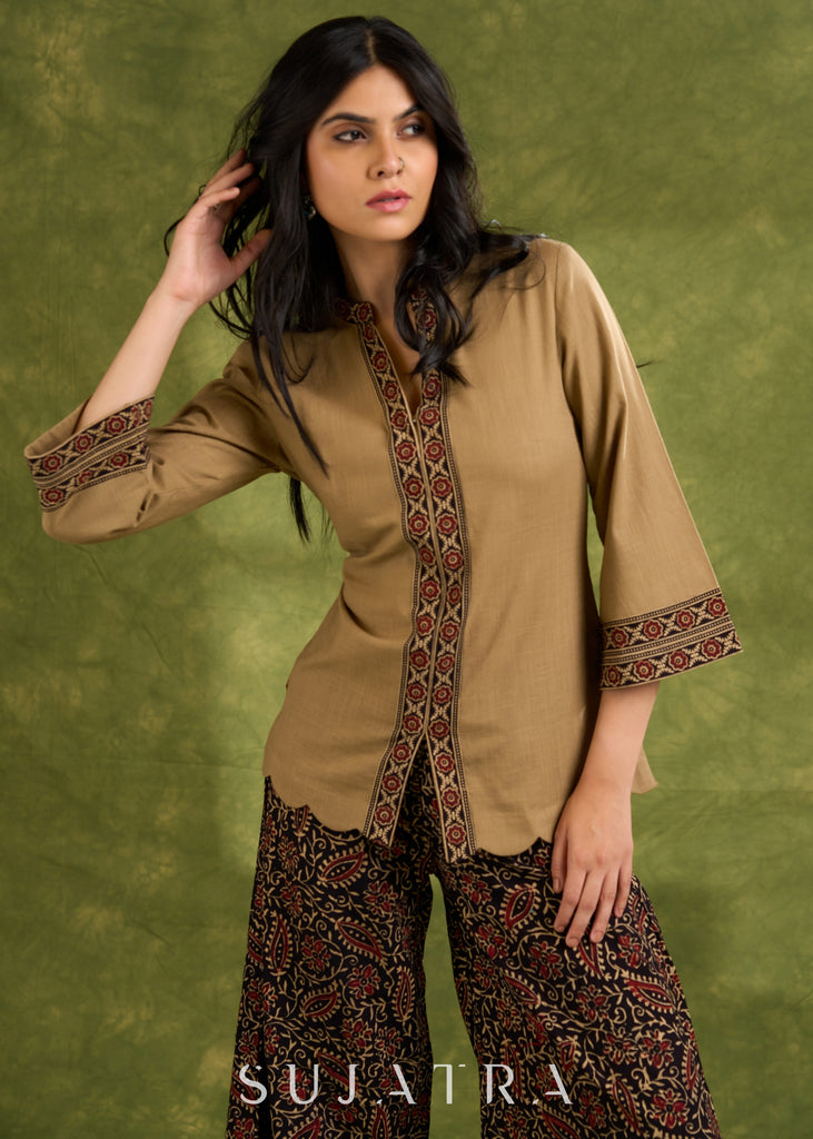 Dark Beige Cotton Ajrakh Combination Top - Pant Optional