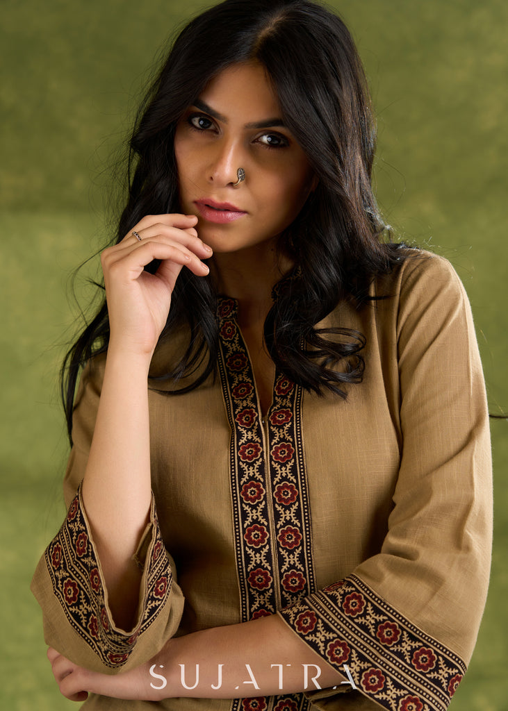 Dark Beige Cotton Ajrakh Combination Top - Pant Optional