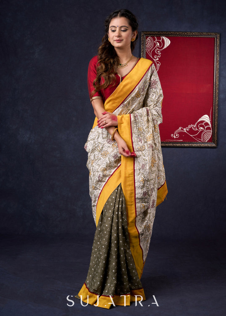 Graceful Olive Green Bandhani print Saree with Kantha work Pallu & Mustard Detailing