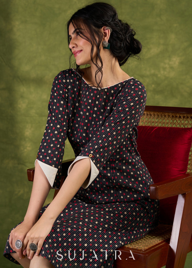 Playful Polka Dot Ajrakh Cotton Dress Playful With Contrasting Trim Details