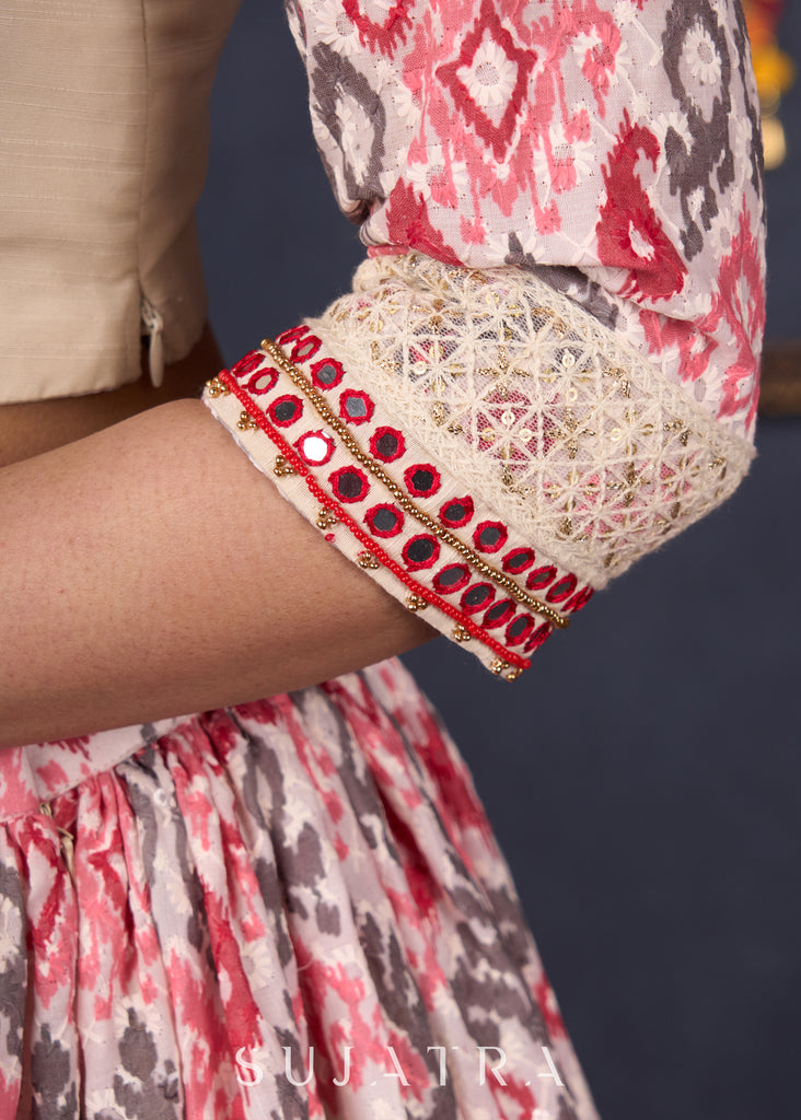 Elegant Off-White & Red Ikat Print Lehenga With Matching Blouse & Dupatta.