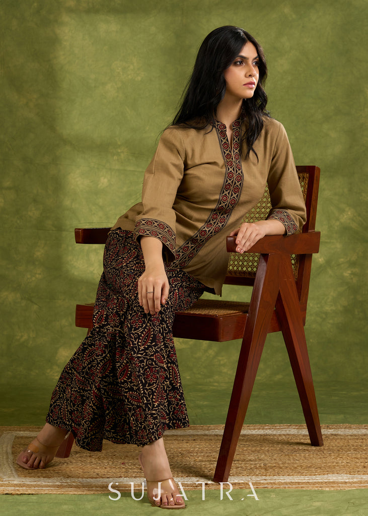 Dark Beige Cotton Ajrakh Combination Top - Pant Optional