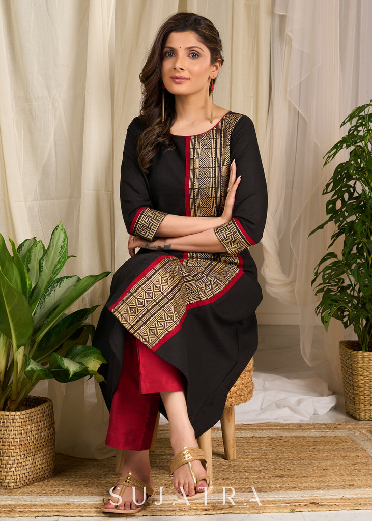 Exquisite Rayon kurta featuring intricate block prints and geometric artwork detailing