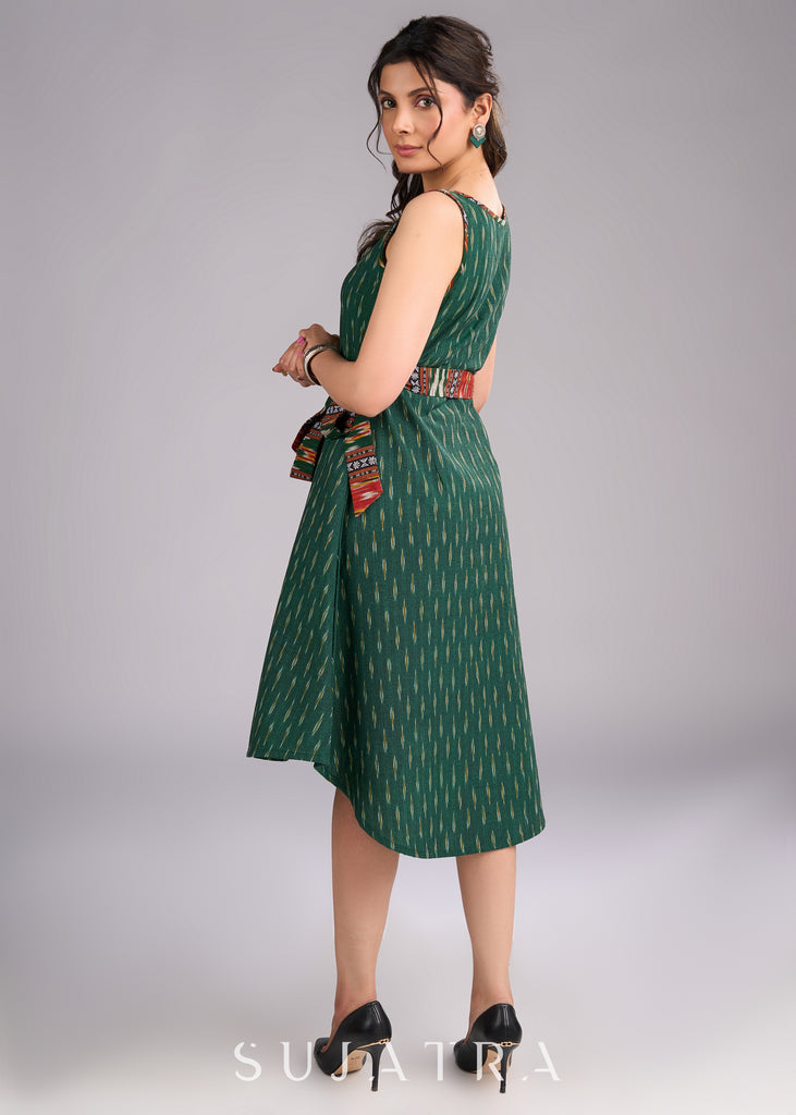 Ikat Oasis Green Dress with Vibrant Contrast Accents and Adjustable Belt