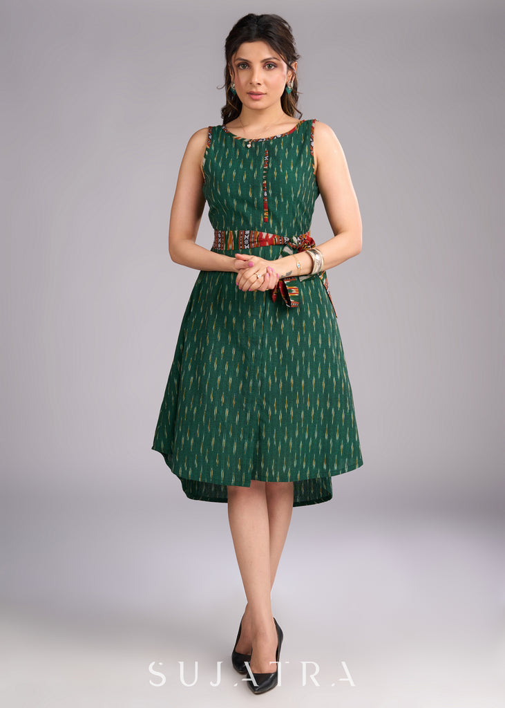 Ikat Oasis Green Dress with Vibrant Contrast Accents and Adjustable Belt