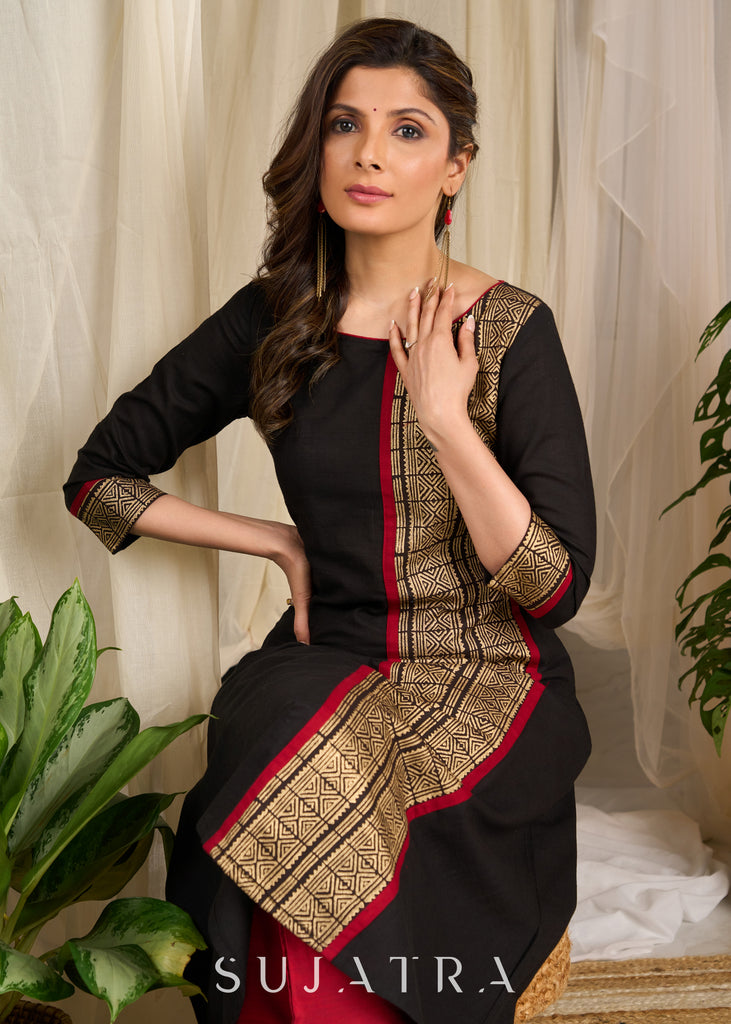 Exquisite Rayon kurta featuring intricate block prints and geometric artwork detailing