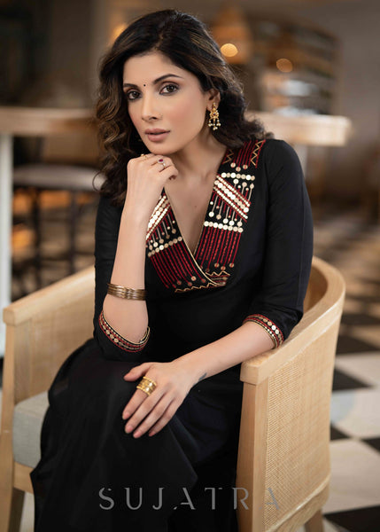 ON-SALE-elegant-black-cotton-silk-pant-kurta-with-red-gold-embroidery-on-neckline-sleeves-dupatta-optional