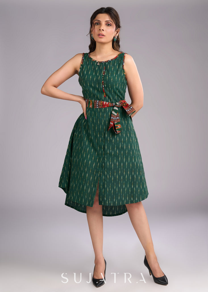 Ikat Oasis Green Dress with Vibrant Contrast Accents and Adjustable Belt