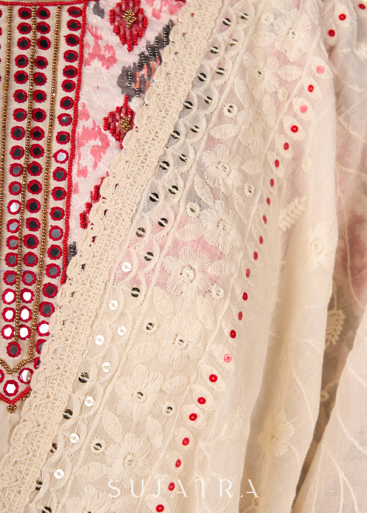 Elegant Off-White & Red Ikat Print Lehenga With Matching Blouse & Dupatta.