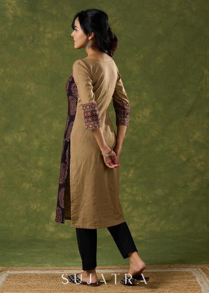 Elegant Cotton Ajrakh Combination Dark Beige Kurta - Pant Optional