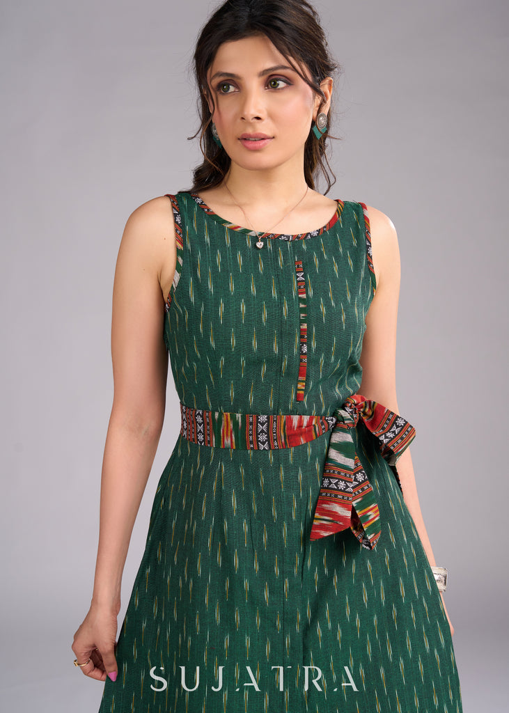 Ikat Oasis Green Dress with Vibrant Contrast Accents and Adjustable Belt