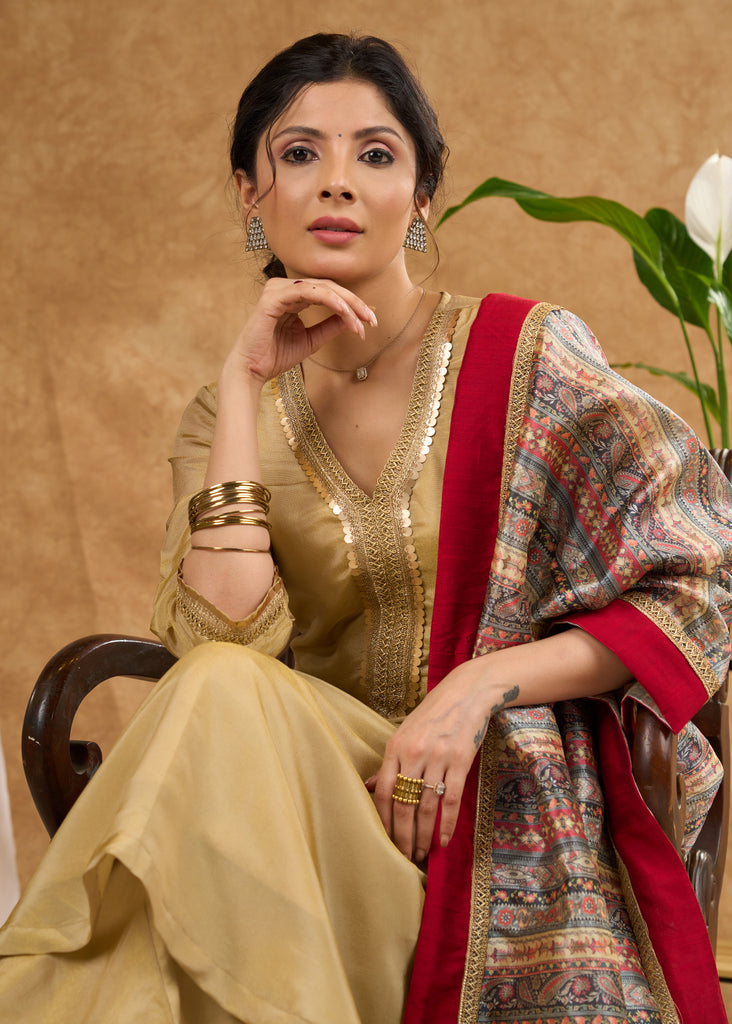 Subtle golden tissue A line kurta with tissue pant Dupatta optional