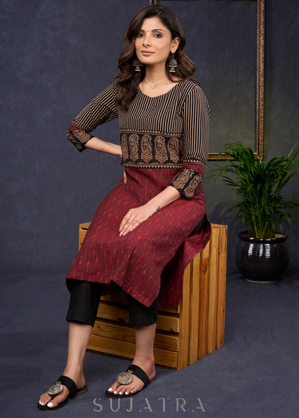 Elegant-Maroon-Cotton-Ikat-And-Ajrakh-Combination-Kurta--Pant-Optional