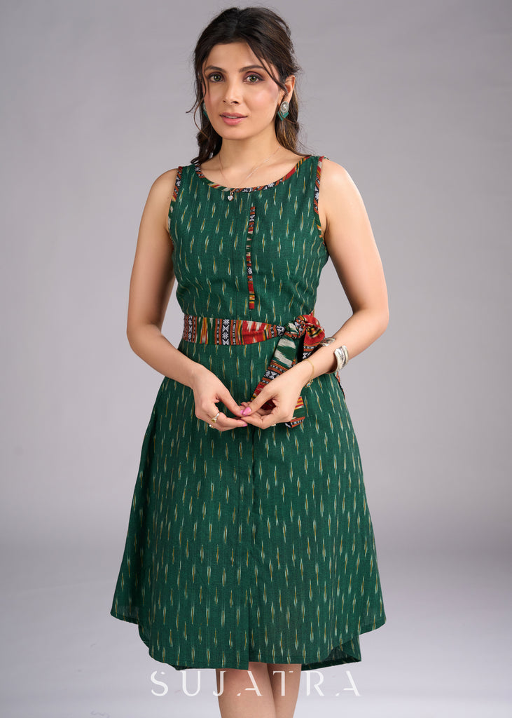 Ikat Oasis Green Dress with Vibrant Contrast Accents and Adjustable Belt