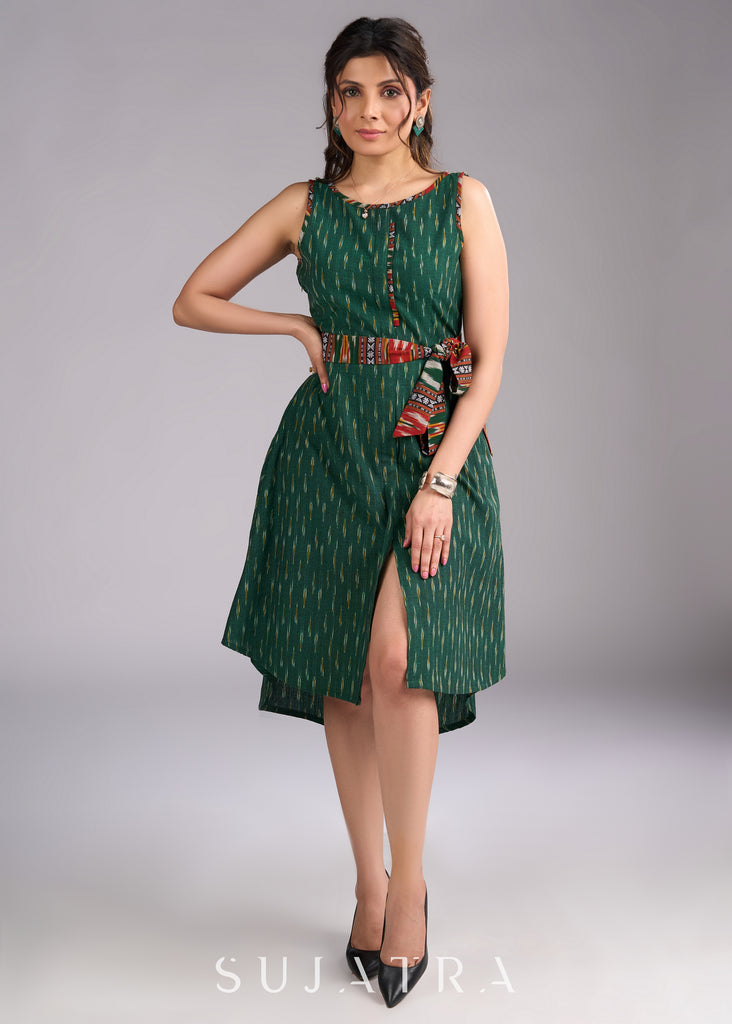 Ikat Oasis Green Dress with Vibrant Contrast Accents and Adjustable Belt