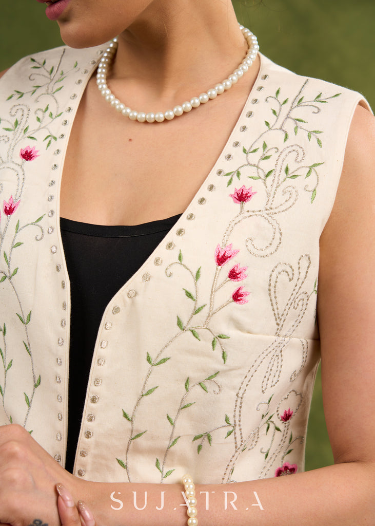 Garden Party Elegance : Off White Floral Embroidered Waist Coat   Dress Optional