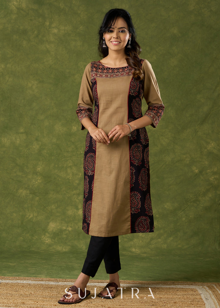 Elegant Cotton Ajrakh Combination Dark Beige Kurta - Pant Optional