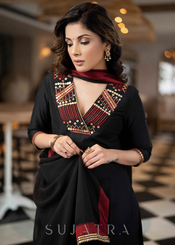 ON-SALE-elegant-black-cotton-silk-pant-kurta-with-red-gold-embroidery-on-neckline-sleeves-dupatta-optional