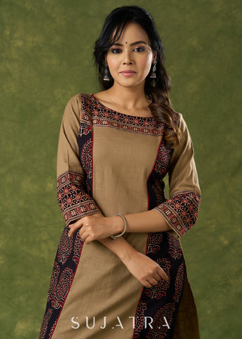 Elegant Cotton Ajrakh Combination Dark Beige Kurta - Pant Optional