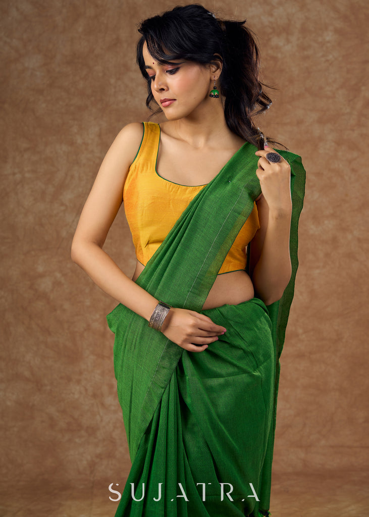 Vibrant cotton silk mustard blouse with green piping