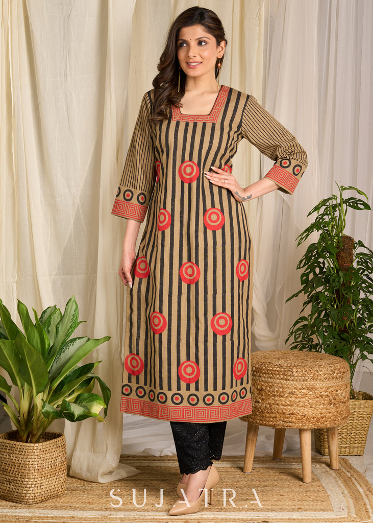 Elevate elegance with bold stripes and vibrant circular block printed Cotton Kurta!