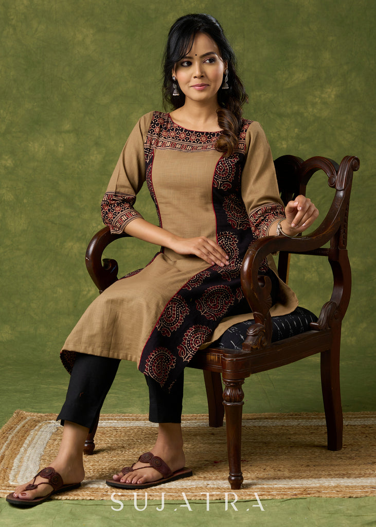 Elegant Cotton Ajrakh Combination Dark Beige Kurta - Pant Optional