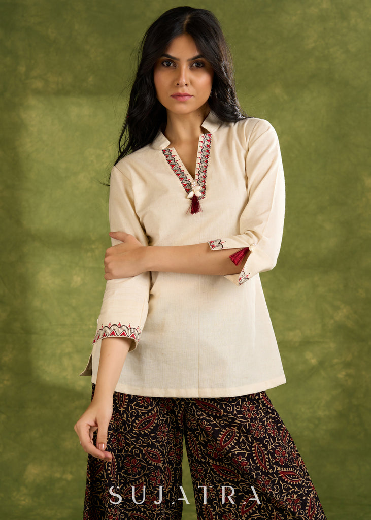 Beige Cotton Top With Exclusive Hand Painting - Pant Optional