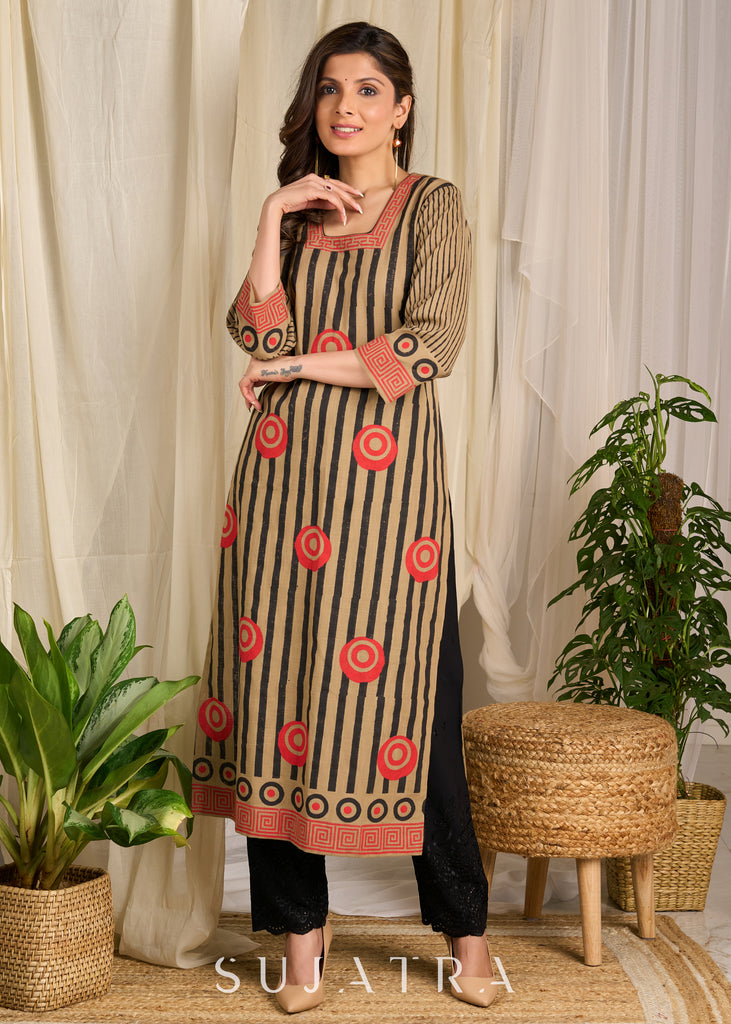 Elevate elegance with bold stripes and vibrant circular block printed Cotton Kurta!