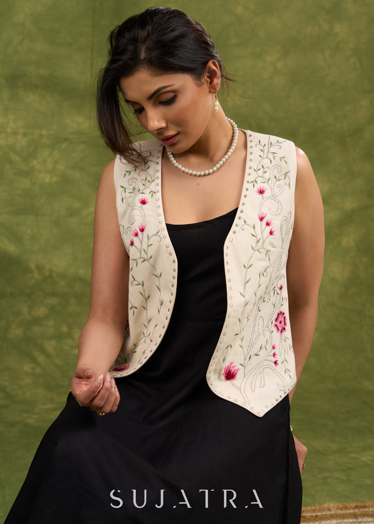 Garden Party Elegance : Off White Floral Embroidered Waist Coat   Dress Optional